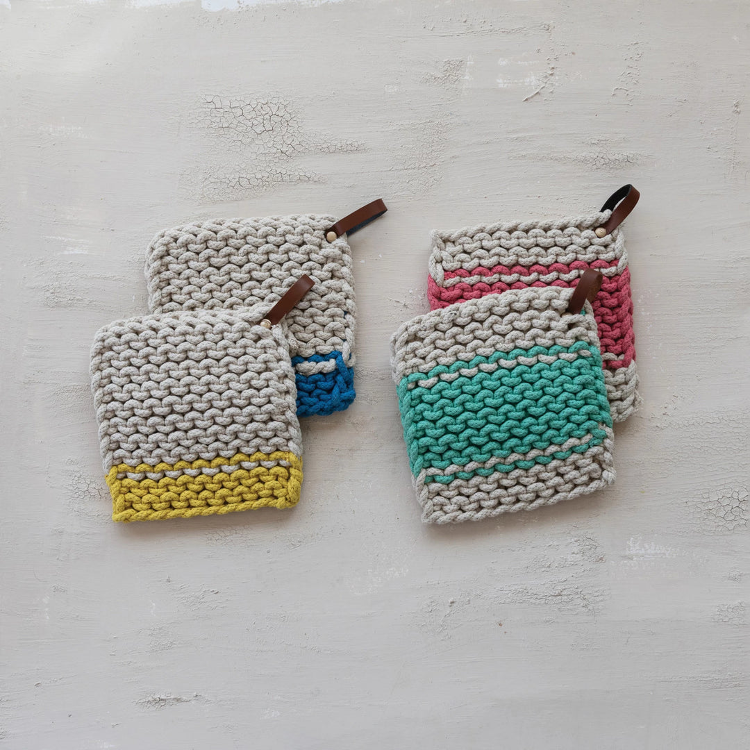 Creative Co-Op Cotton Crocheted Pot Holder with Leather Loop