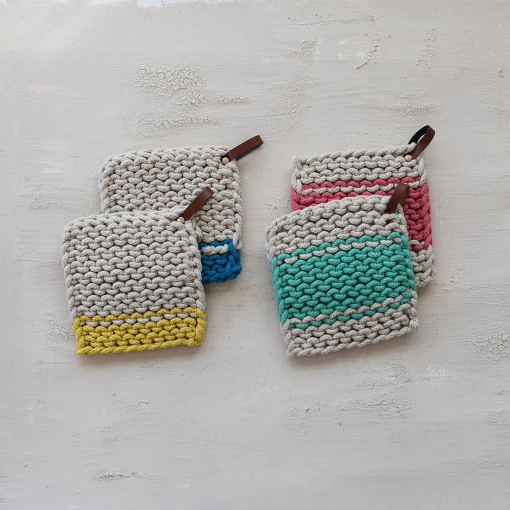 Creative Co-Op Cotton Crocheted Pot Holder with Leather Loop