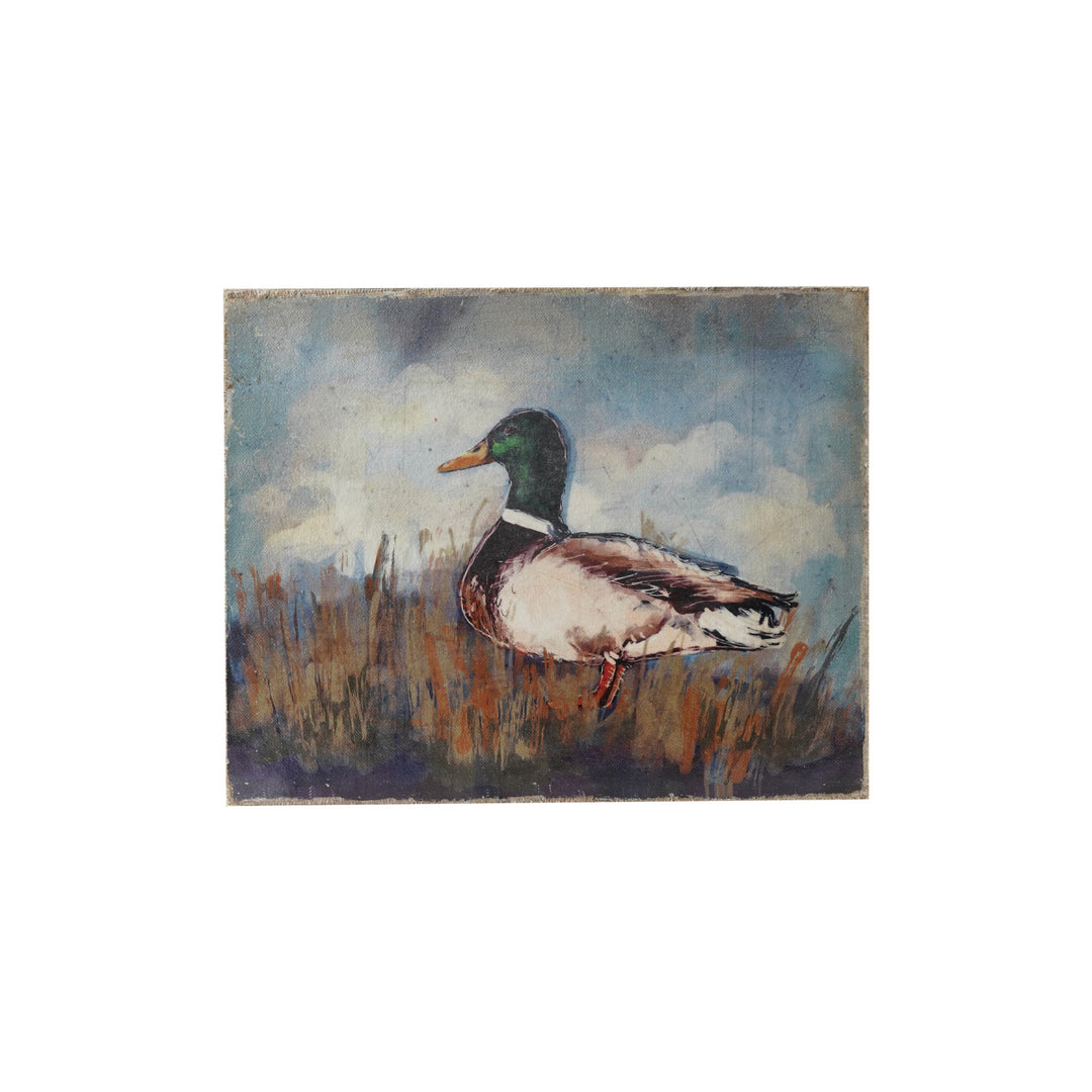 Creative Co-Op Canvas Wall Decor featuring a distressed Mallard duck image in a vintage oil painting style.