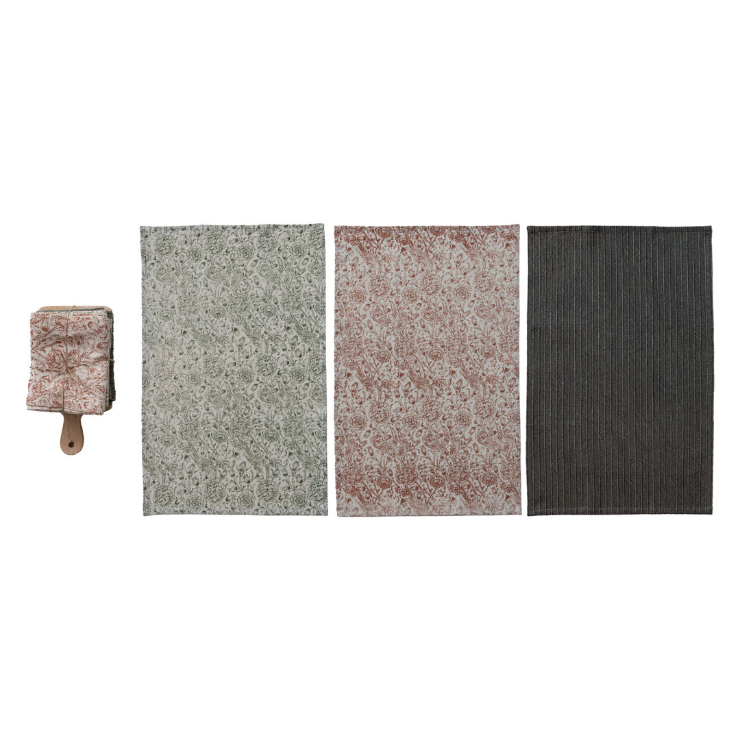 (3) Tea Towels & Mango Wood Cheese/Serving Board, Set of 4 Tied with Jute & Wood Bead