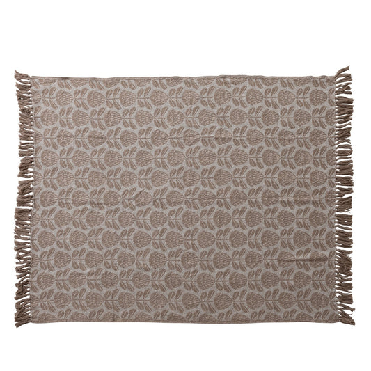 60"L x 50"W Woven Recycled Cotton Blend Jacquard Throw with Floral Pattern & Fringe