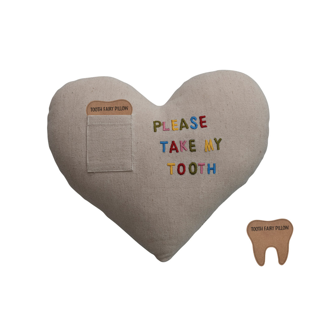 Creative Co-Op Heart-Shaped Tooth Fairy Pillow in cotton and linen with &