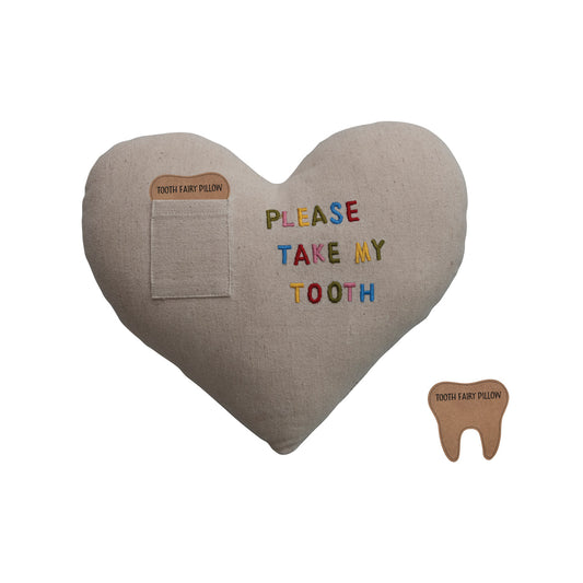 Creative Co-Op Heart-Shaped Tooth Fairy Pillow in cotton and linen with 'Please Take My Tooth' embroidery and a small pocket.