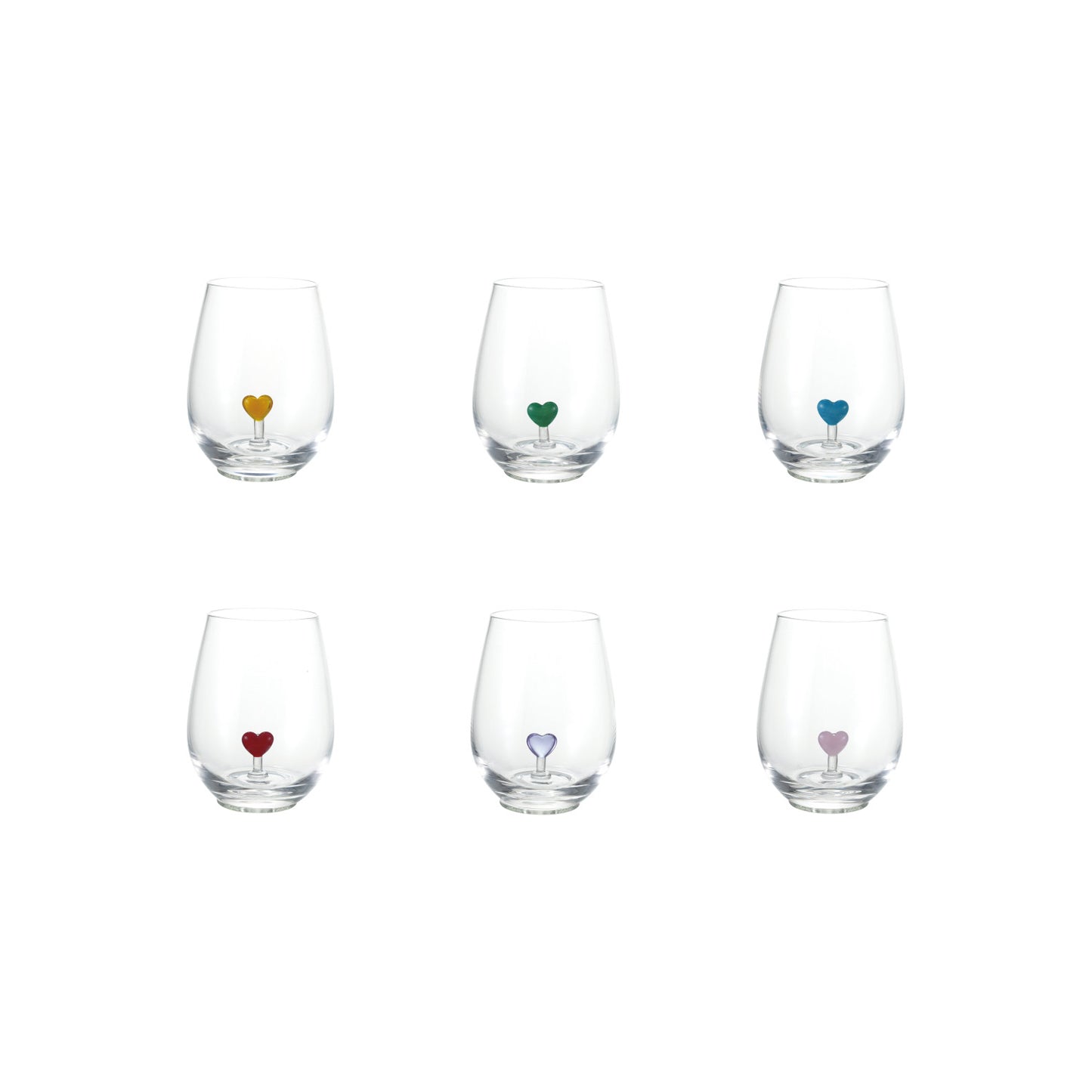 six stemless wine glasses with hand-blown hearts in blue, green, purple, red, violet, and yellow.