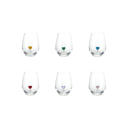 six stemless wine glasses with hand-blown hearts in blue, green, purple, red, violet, and yellow.