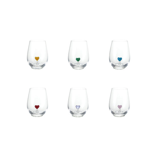 six stemless wine glasses with hand-blown hearts in blue, green, purple, red, violet, and yellow.