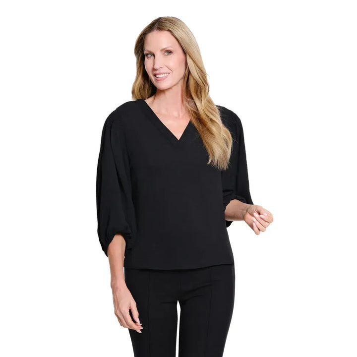 Multiples Puff Sleeve Banded V-Neck Woven Top | Black