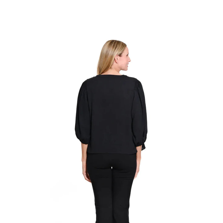 Multiples Puff Sleeve Banded V-Neck Woven Top | Black