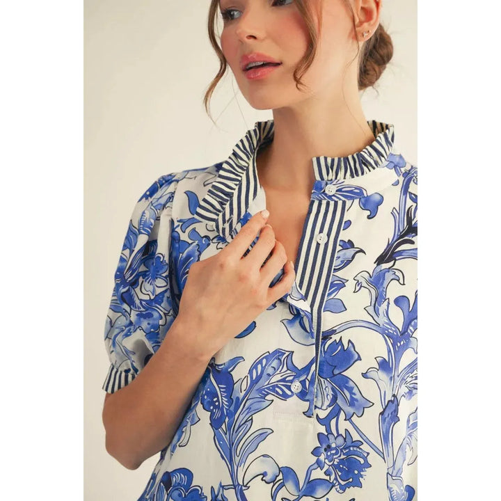 Marisol | Tropical Floral Button-Up Dress with Stripe Trim
