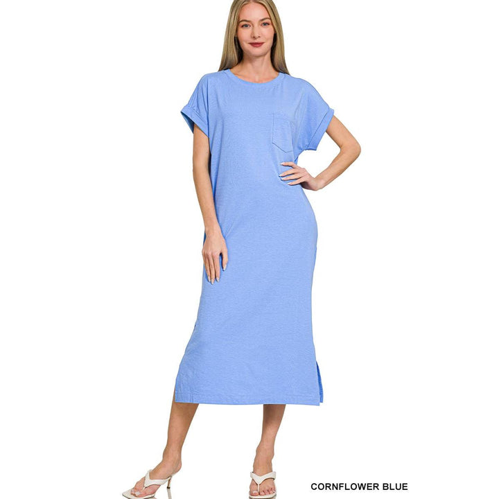 Round Neck Short Sleeve Midi Dress w/ Pockets