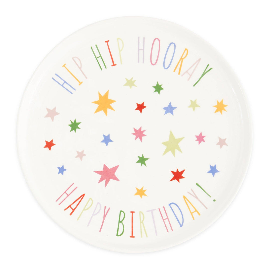 Set of four colorful Hip Hip Hooray ceramic dessert plates with gold rim detailing on a white background.