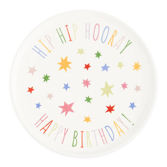 Set of four colorful Hip Hip Hooray ceramic dessert plates with gold rim detailing on a white background.