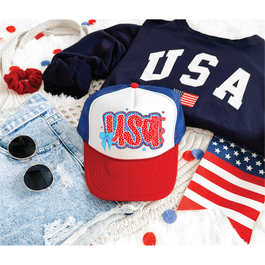 USA Star Bows DTF Printed Red White And Blue Trucker Hat