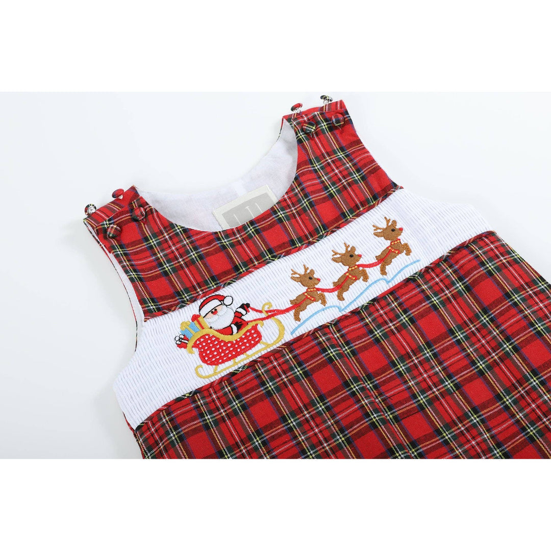Red Christmas Plaid Santa Sleigh Smocked Overalls