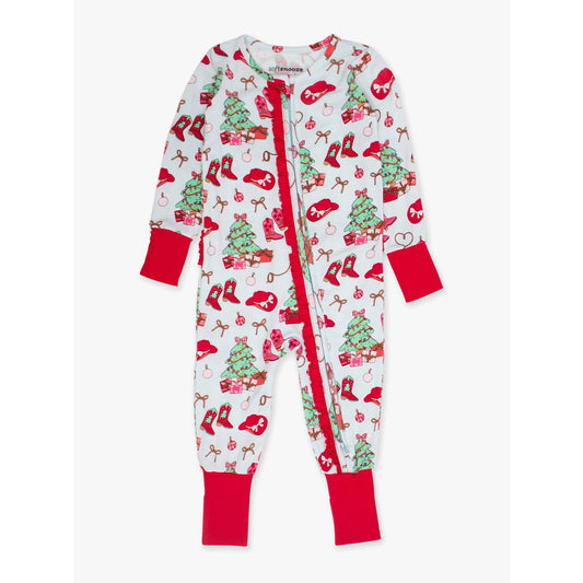 Baby Girls Red Yuletide Yeehaw Bamboo Viscose Convertible Ruffle One Piece Footie Pajama