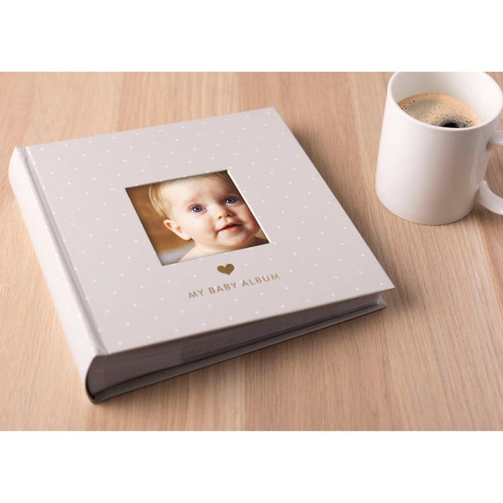 Baby Photo Album Keepsake — Gray Polka Dot with Cover Photo Window