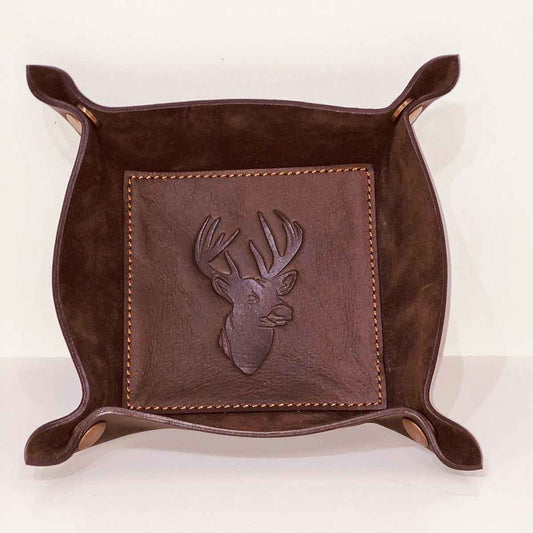 Deer Leather Embossed Valet Tray   Dark Brown   8x8