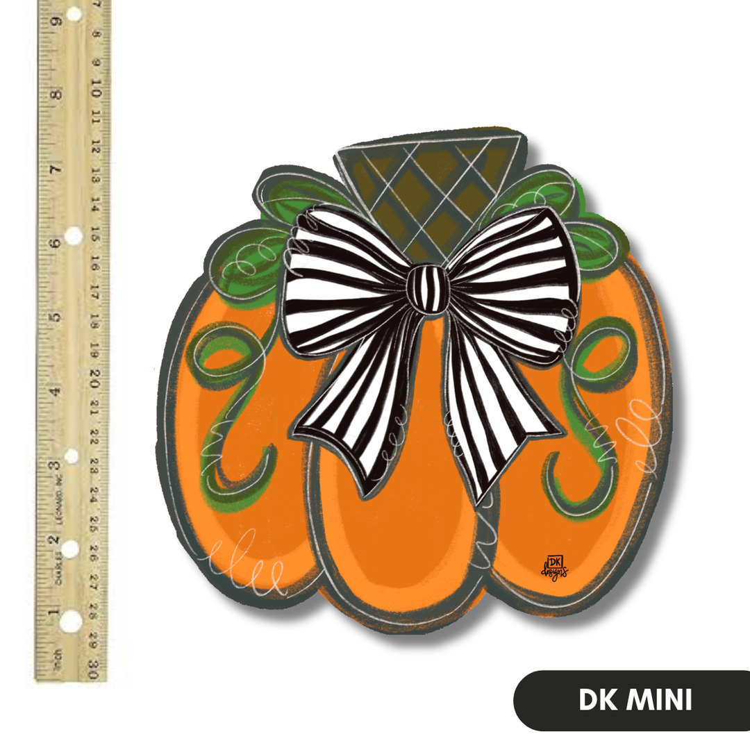 DK Designs Georgia orange pumpkin mini door hanger sign with black and white striped bow and checkered stem