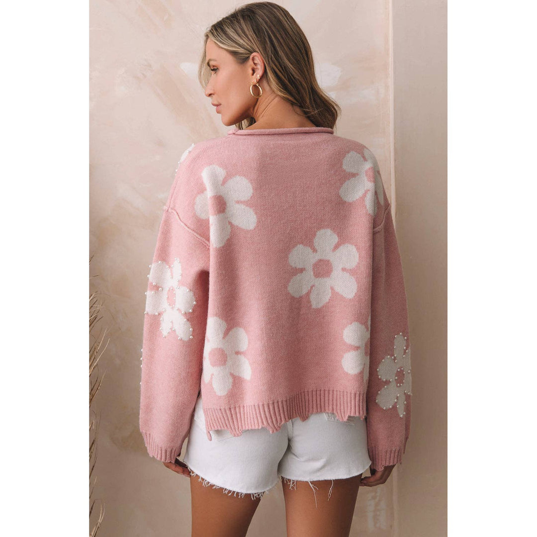 Jaycee Pearl Beaded Floral Drop Shoulder Sweater