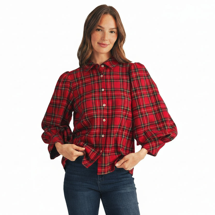 Jodifl 3/4 Puff Sleeve Button Down Plaid Top - Red