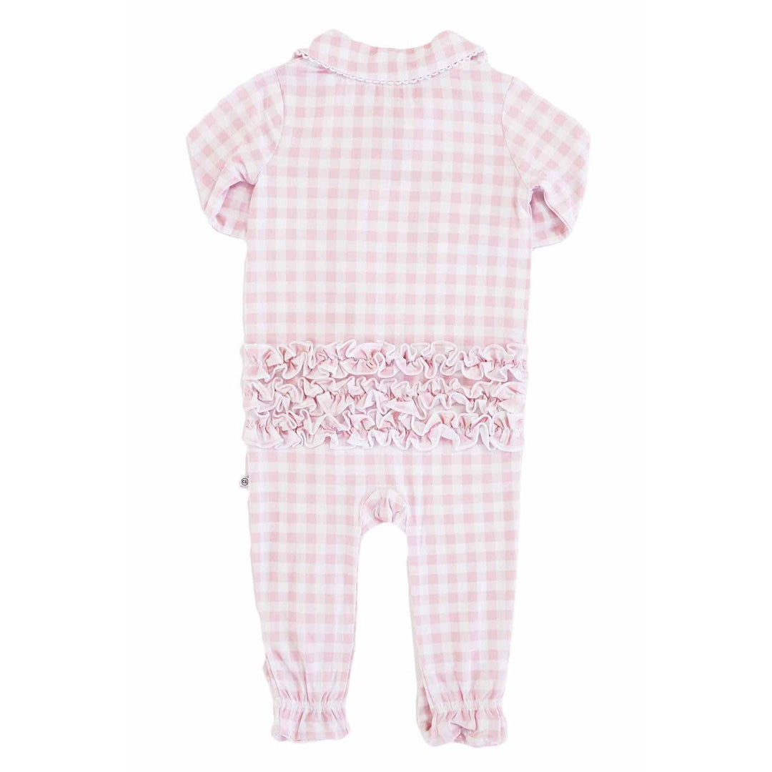 Peter Pan Collar Ruffle Zipper Footie | Rosy Gingham
