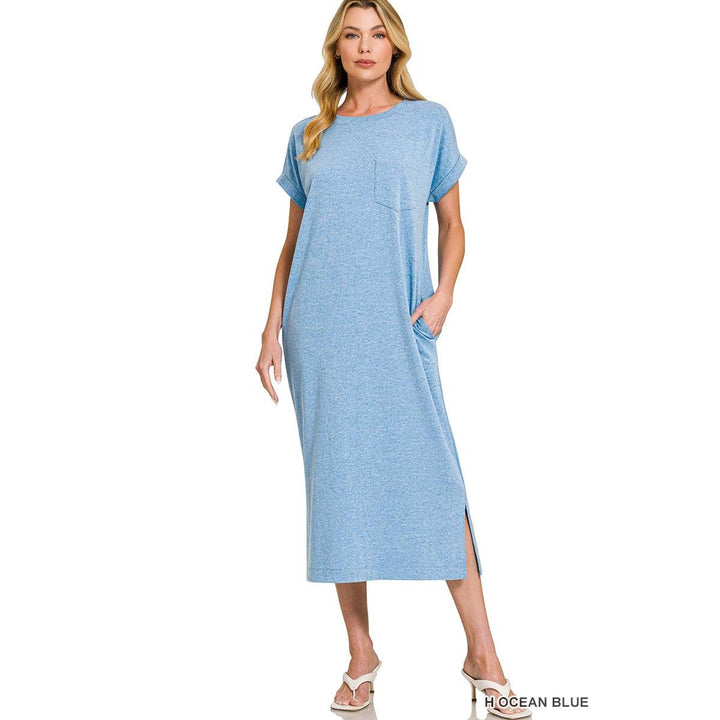 Round Neck Short Sleeve Midi Dress w/ Pockets