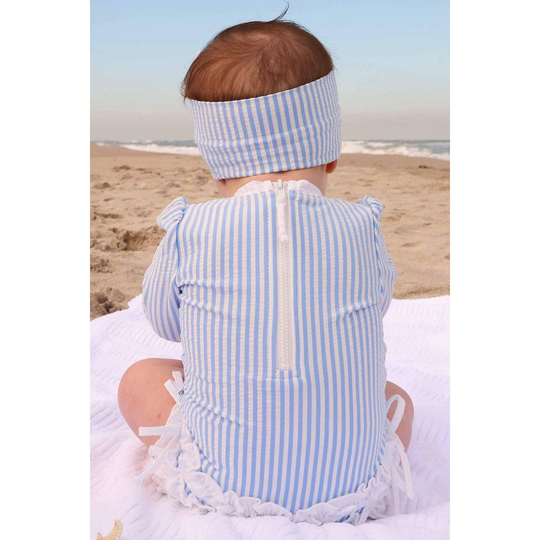 Long Sleeve Rash Guard With Ruffle Bottom | Seersucker Blue Wholesale