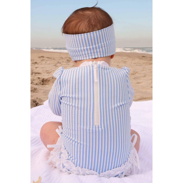 Long Sleeve Rash Guard With Ruffle Bottom | Seersucker Blue Wholesale