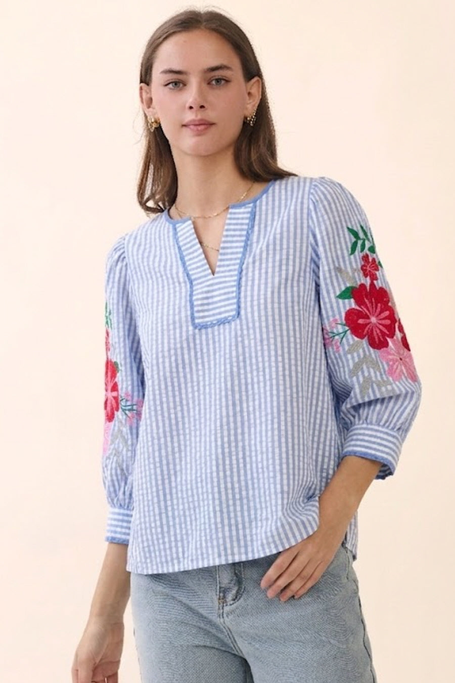 Oddi Stripe Blouse with Embroidered Floral Sleeves - Blue Stripe