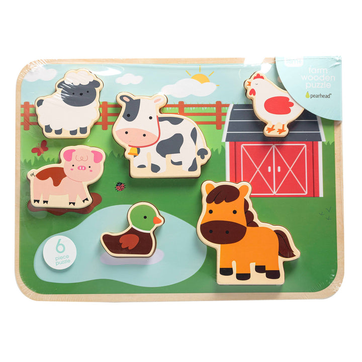 Pearhead Wooden Barn Animal Puzzle — 6-Piece Farm Sounds Learning Toy
