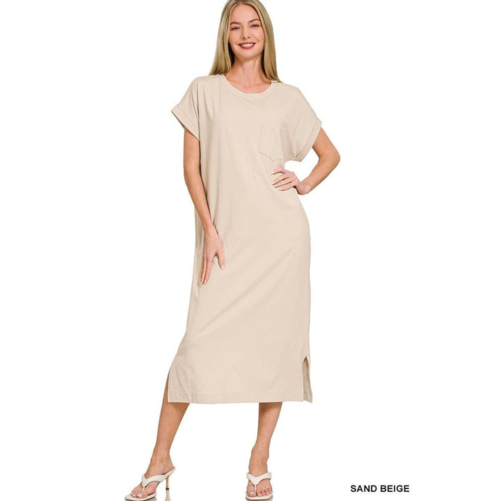 Round Neck Short Sleeve Midi Dress w/ Pockets
