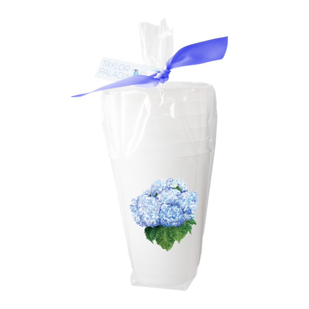 Set of 6 blue hydrangea illustration frosted 16oz plastic stadium cups by Taylor Paladino