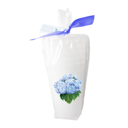 Set of 6 blue hydrangea illustration frosted 16oz plastic stadium cups by Taylor Paladino