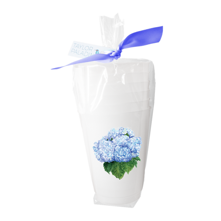 Set of 6 blue hydrangea illustration frosted 16oz plastic stadium cups by Taylor Paladino