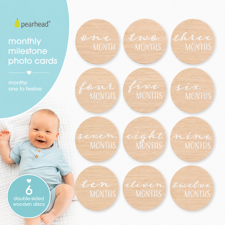 Pearhead Wooden Monthly Milestone Discs — Set of 6 Reversible Cards