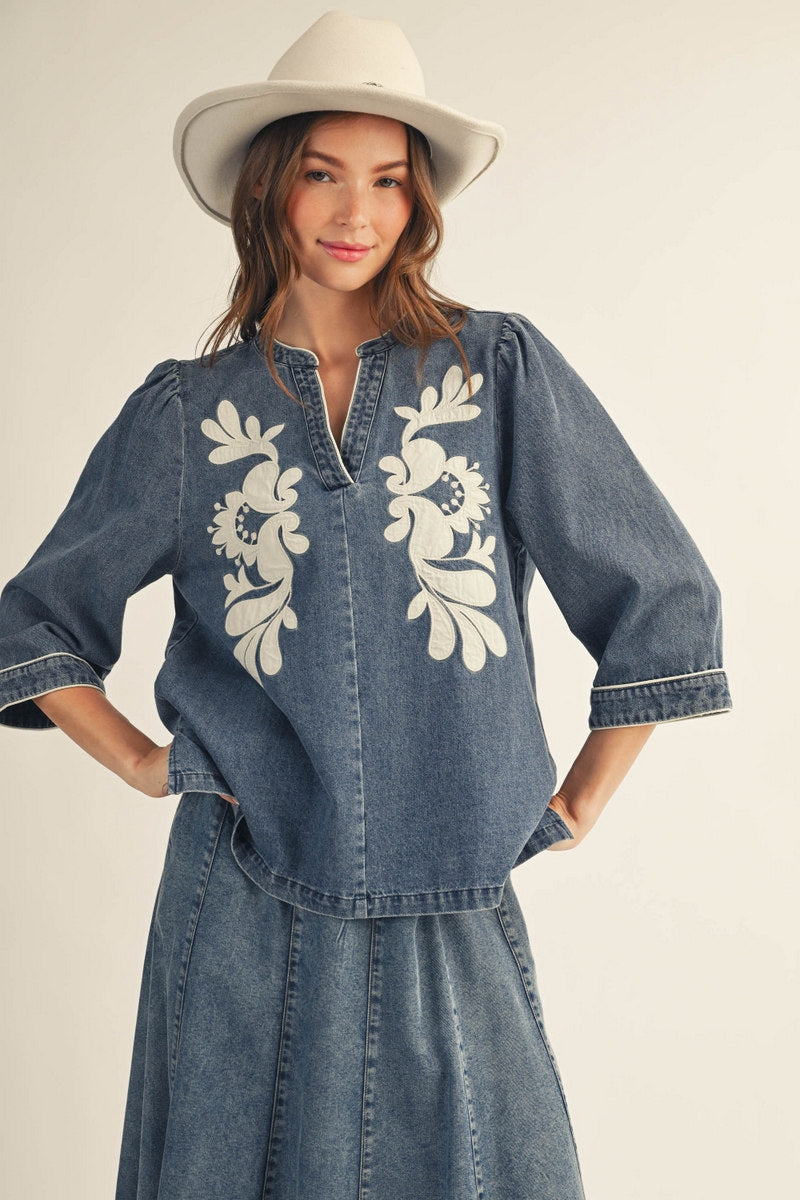 Jodifl 3/4 Sleeve Washed Denim Floral Applique Top - Denim