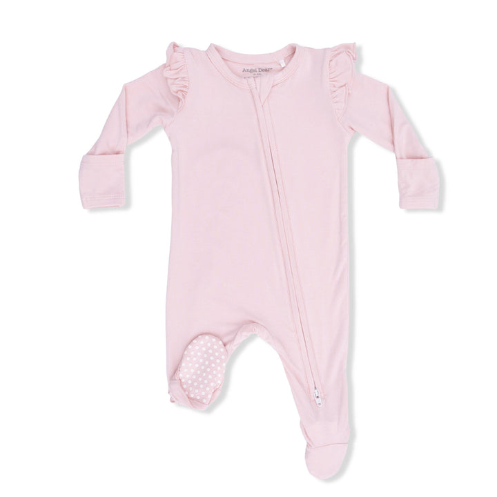 Angel Dear Solid Lotus 2 Way Ruffle Sleeve Zipper Footie for newborn girls in soft pink bamboo fabric with ruffle sleeves — Bella Gifts from the Heart.