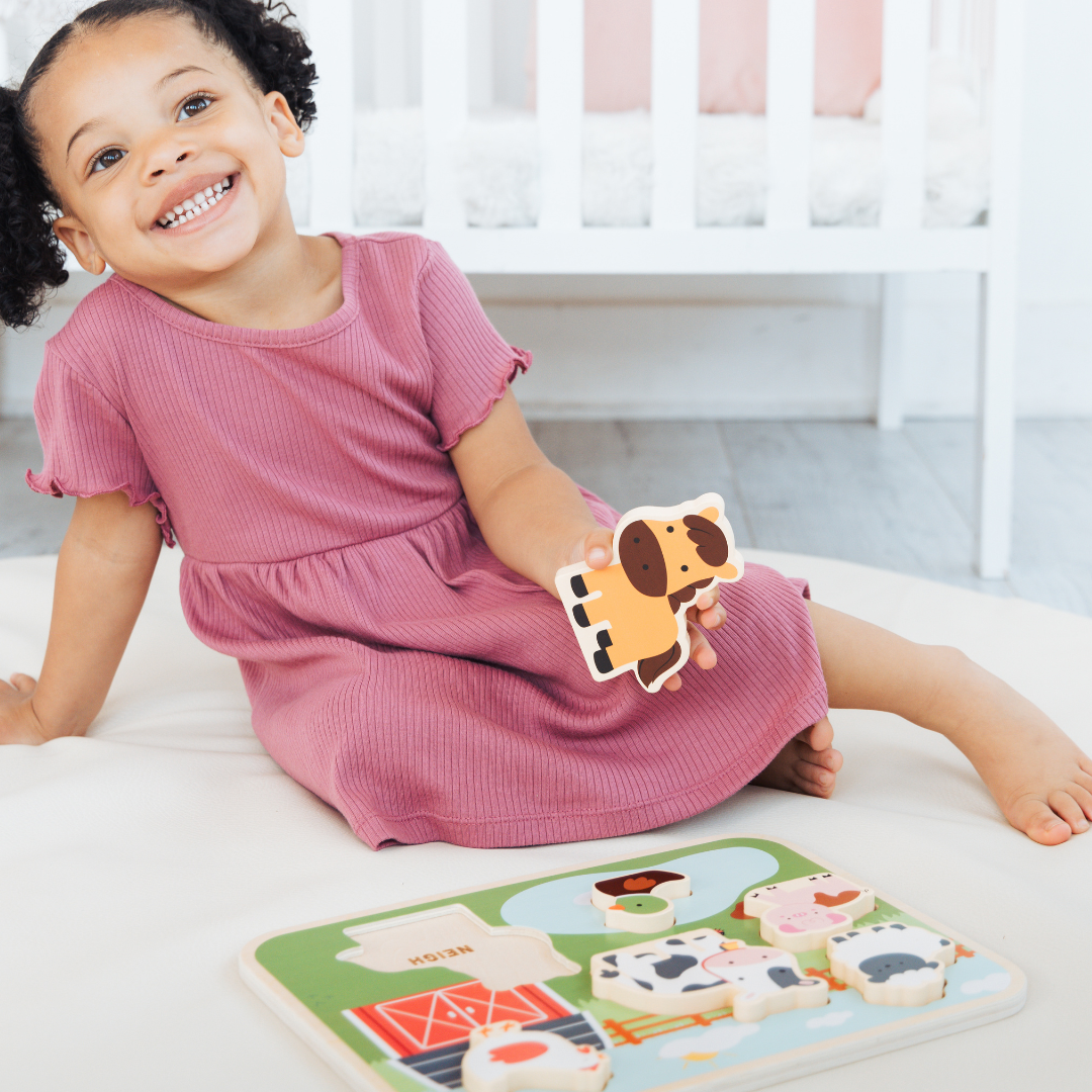 Pearhead Wooden Barn Animal Puzzle — 6-Piece Farm Sounds Learning Toy