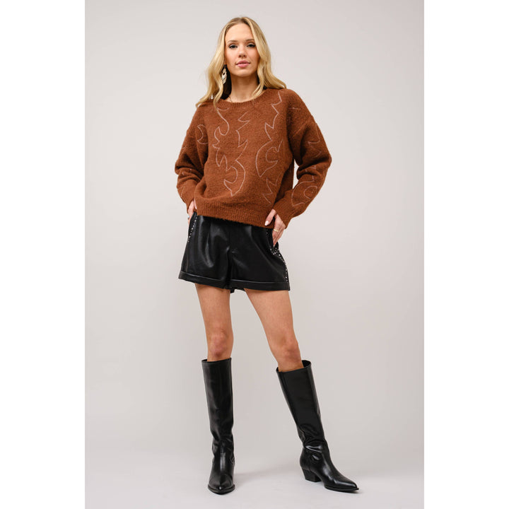 Western Boots Stitch Pattern Crew Neck Sweater