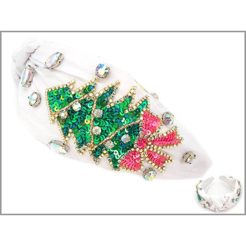 White Headband with Green Christmas Tree and Pink Bow