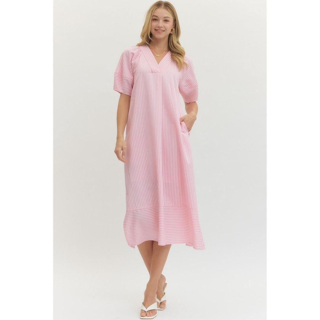 entro Stripe Pattern Textured Pullover Midi Dress in a soft pink hue featuring lantern sleeves and side slits.
