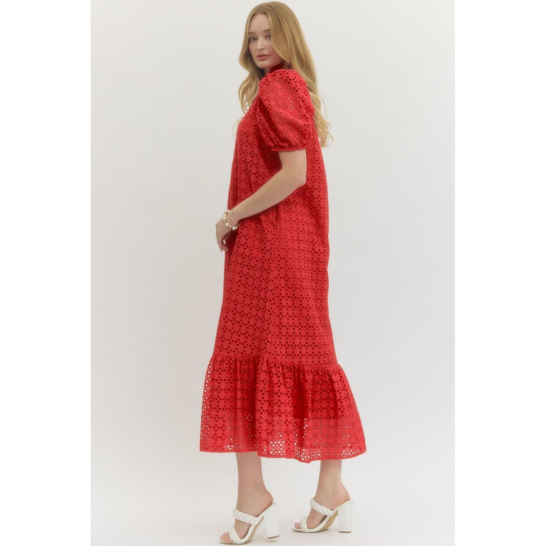 The Sutton Eyelet Puff Sleeve Red Midi Dress