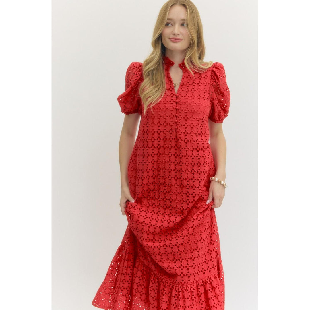 The Sutton Eyelet Puff Sleeve Red Midi Dress