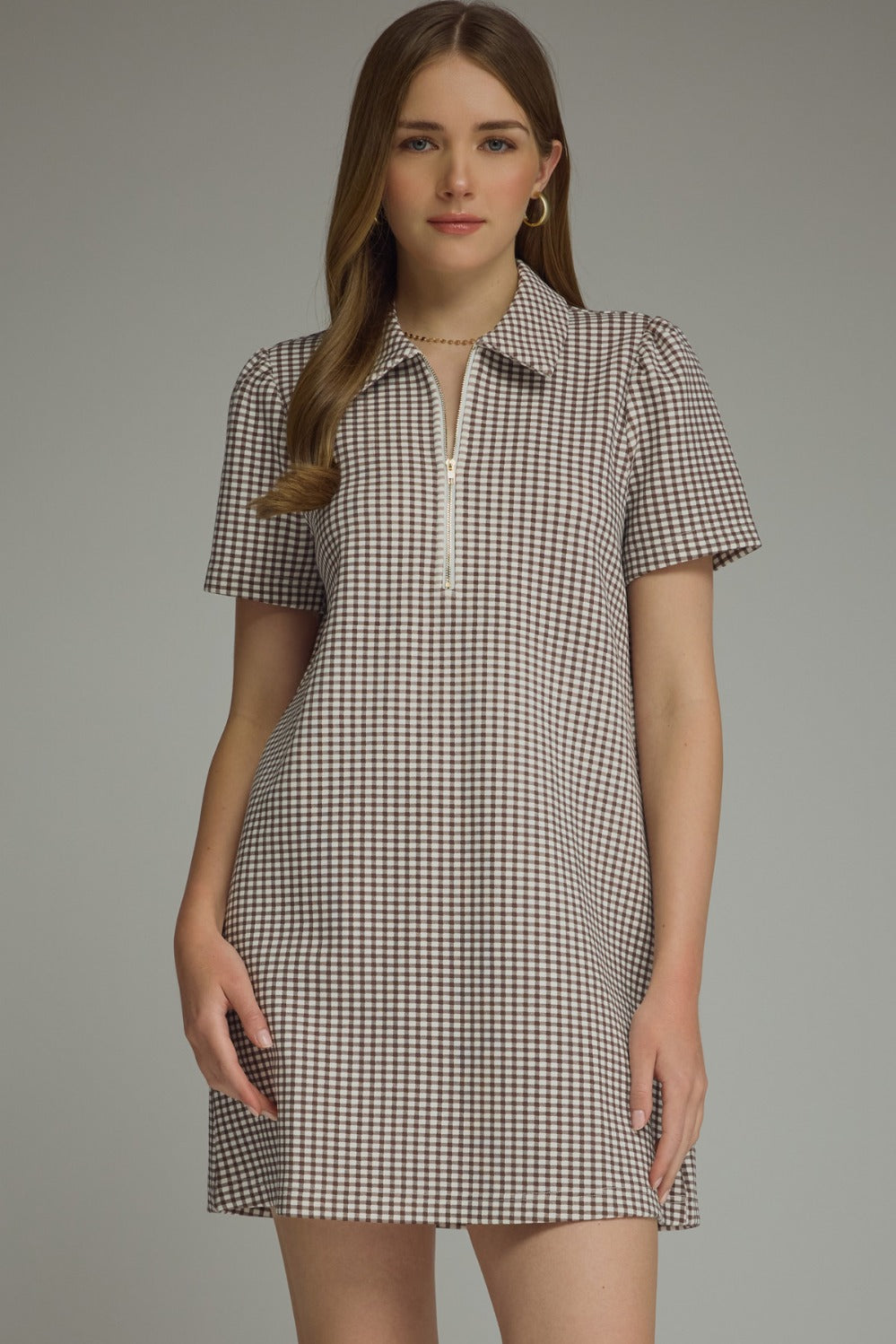 Model wearing the Entro Hazel Dress in Brown