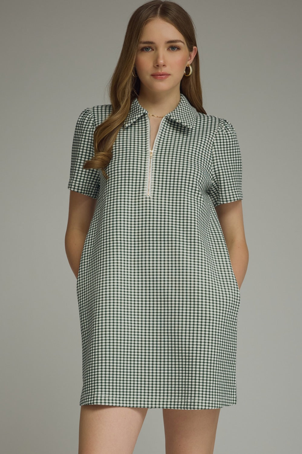 Model wearing the Entro Hazel Dress in H. Green