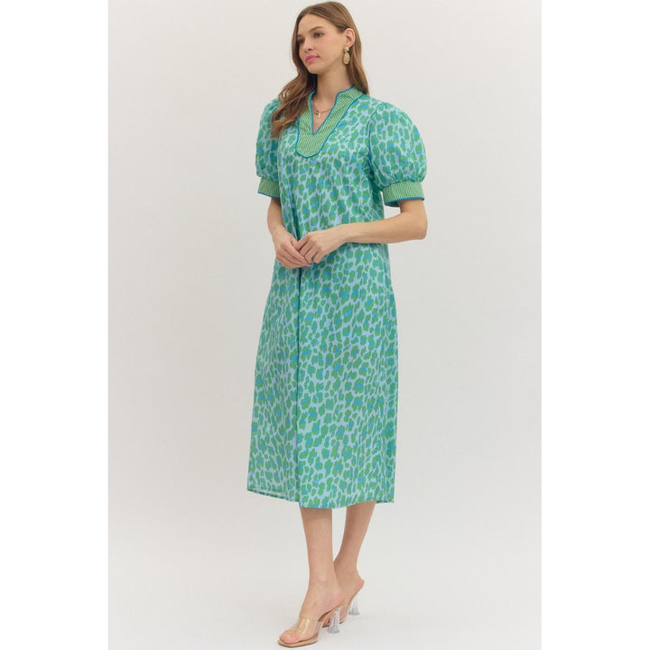 The Leila Gingham Trim Leopard Midi Dress
