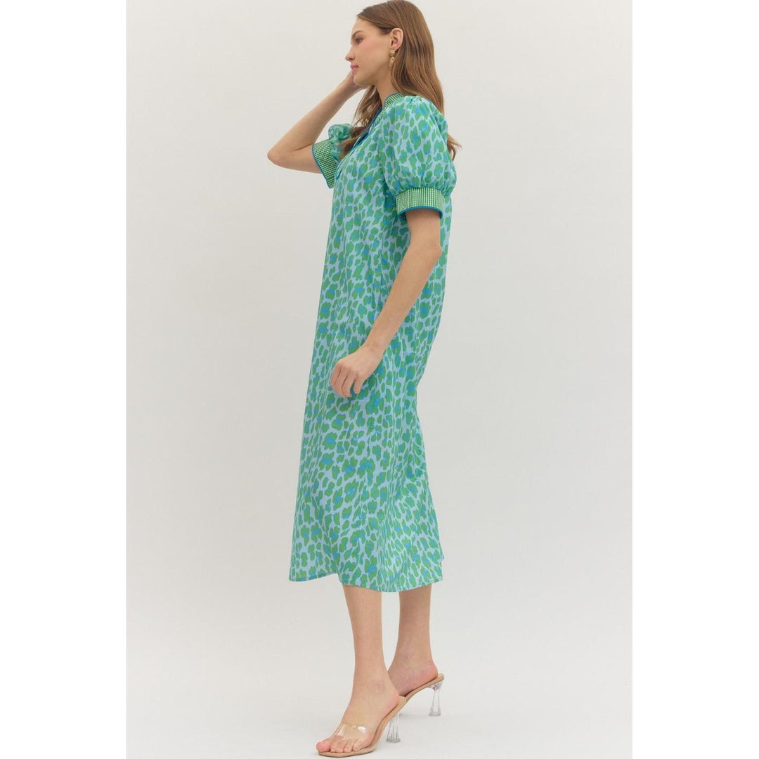The Leila Gingham Trim Leopard Midi Dress