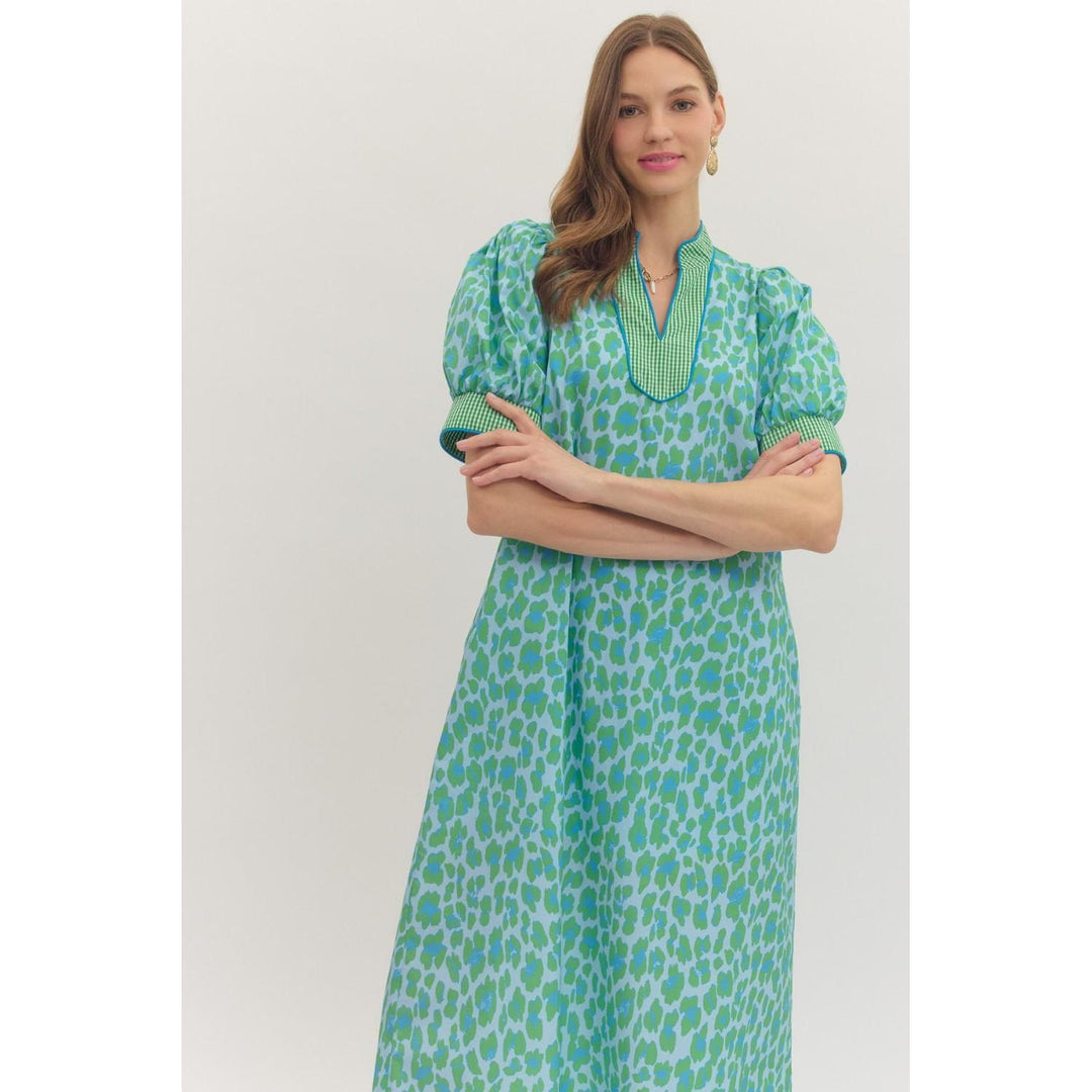The Leila Gingham Trim Leopard Midi Dress