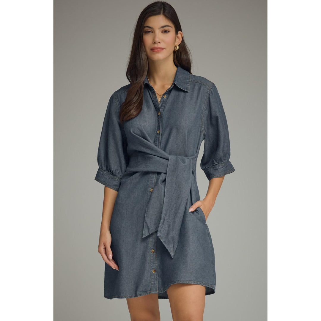 Model wearing the Entro River Dress in Dk. Denim