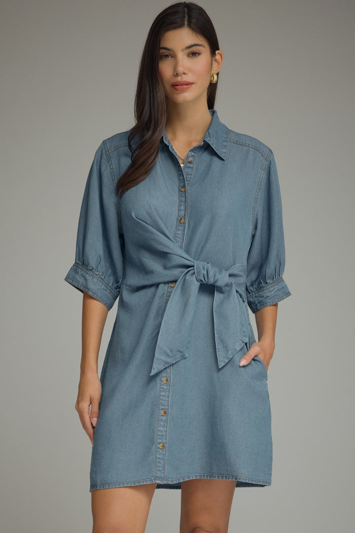 Model wearing the Entro River Dress in Dk. Denim